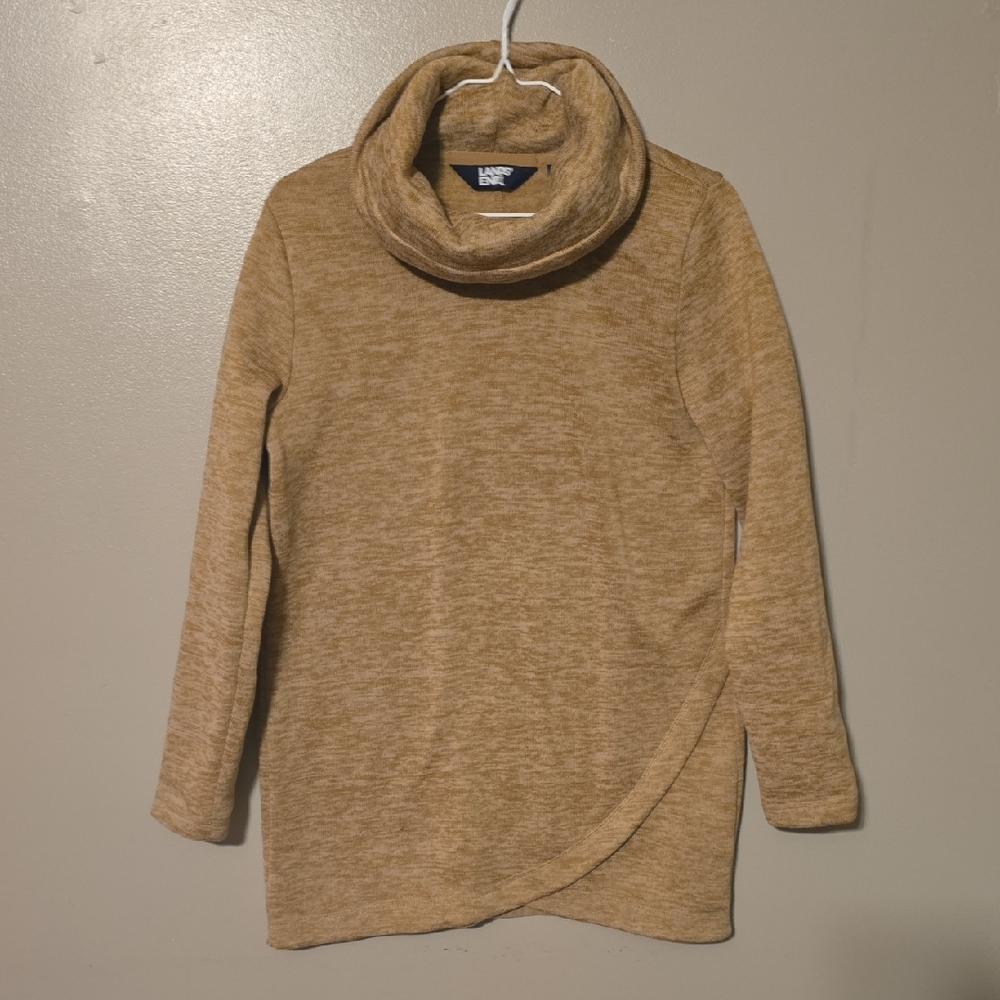 Lands End Sweater Fleece Tunic Cowl Neck Pullover Size Small Tan